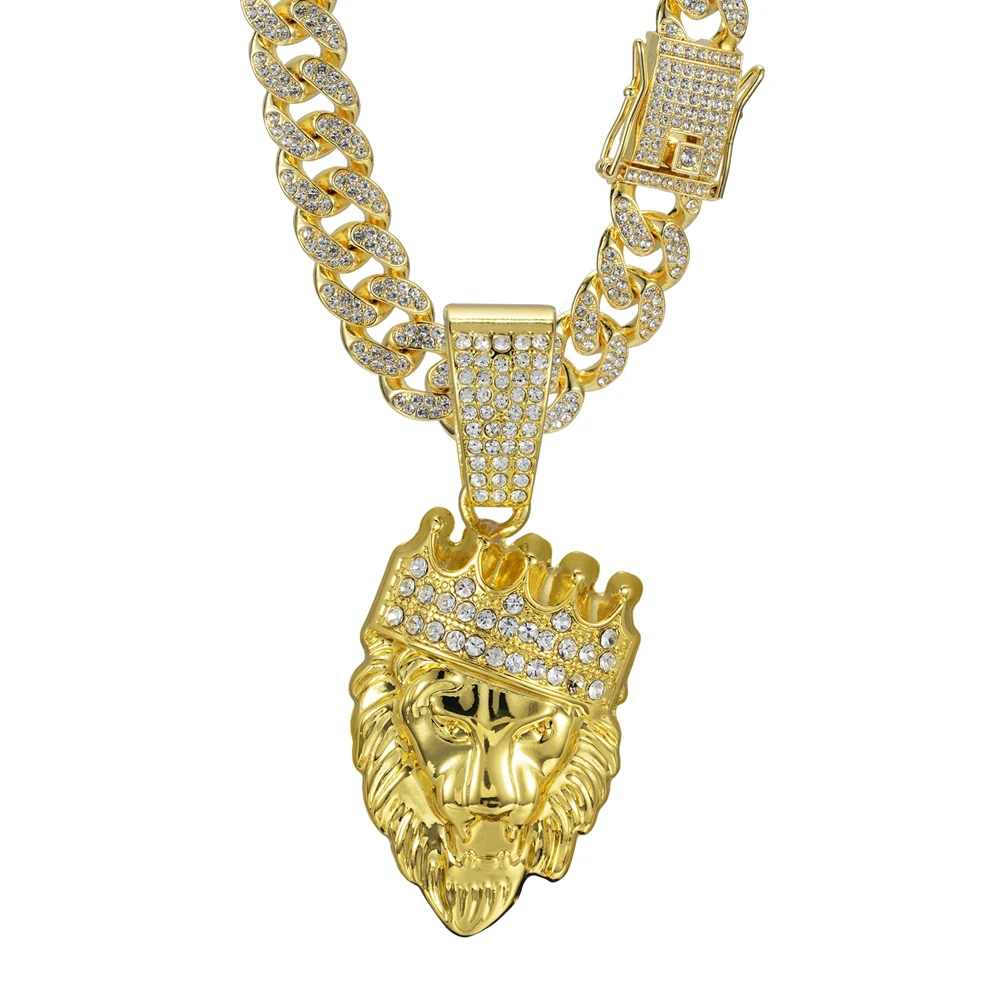 Men's Hip Hop 3D Crown Lion Head Pendant Necklace, with 13mm Cuban Chain  Animal Lion Head Rock Necklaces Fashion Punk Jewelry