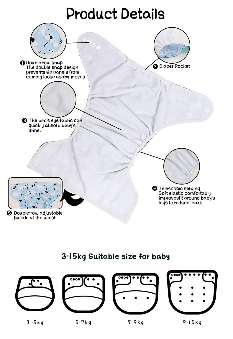 2pcs/set washable printed baby diaper, suitable for 3-15KG babies, leak proof and breathable diaper, baby cloth diaper