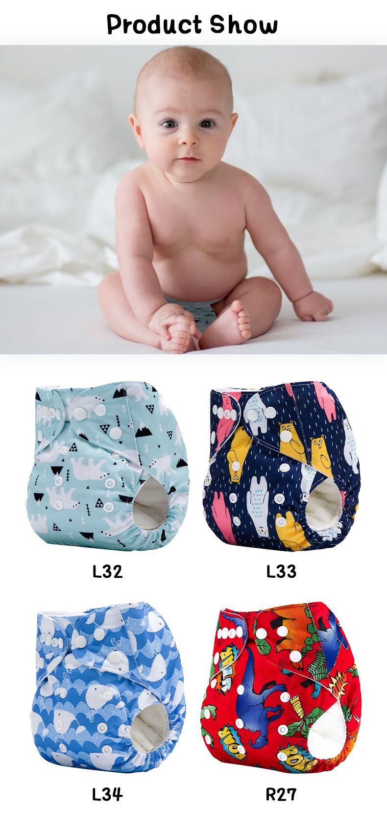 2pcs/set washable printed baby diaper, suitable for 3-15KG babies, leak proof and breathable diaper, baby cloth diaper