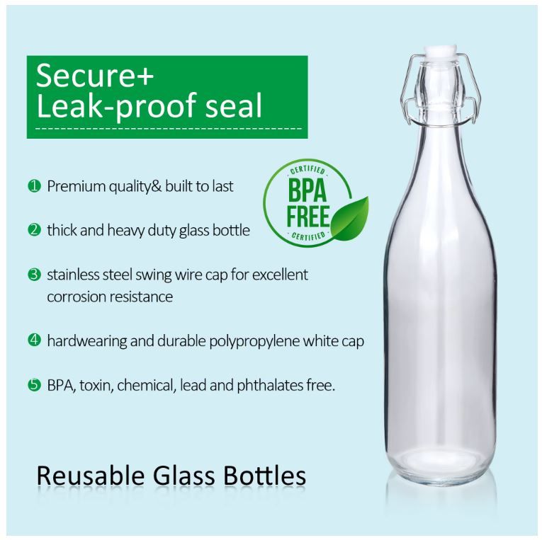 Air Tight Beverage Glass Bottle with Flip Clip Swing Lock Top