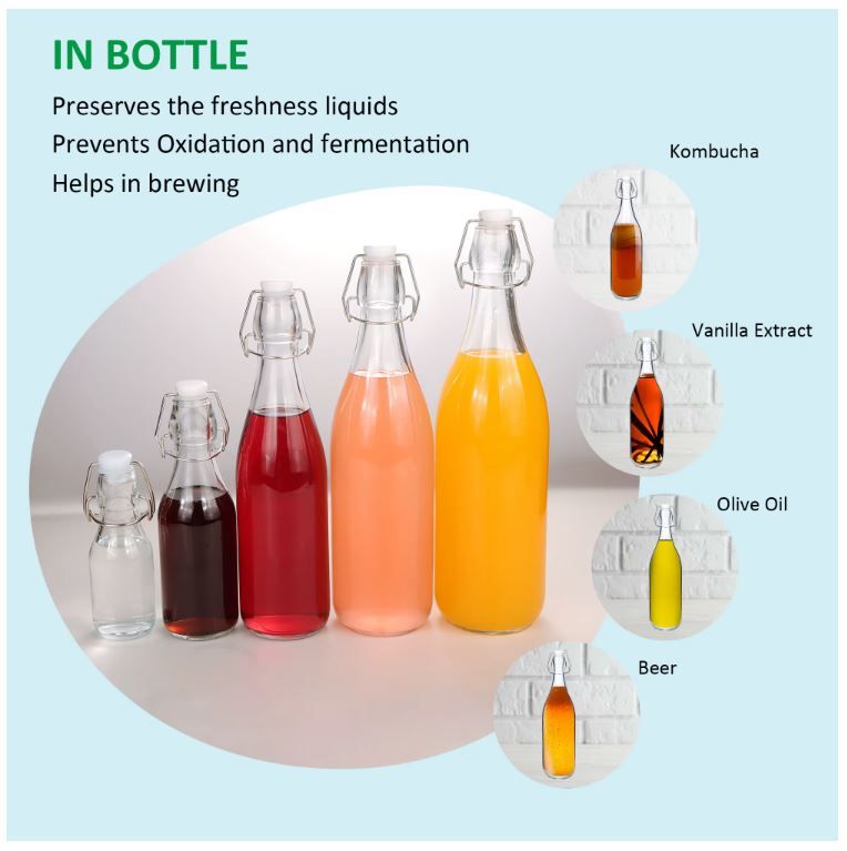 Air Tight Beverage Glass Bottle with Flip Clip Swing Lock Top