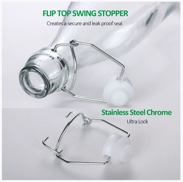 Air Tight Beverage Glass Bottle with Flip Clip Swing Lock Top