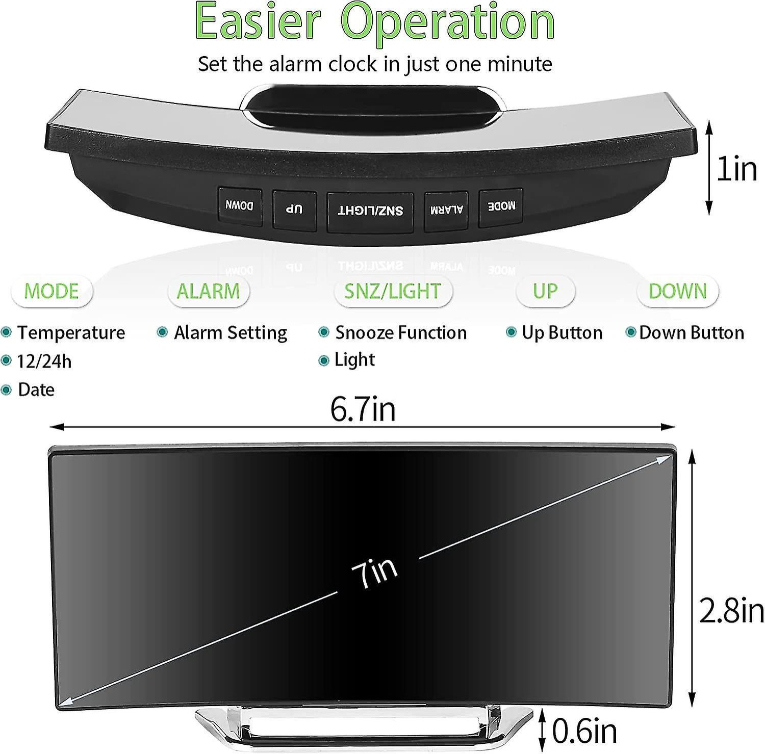 Bedside Office Mirror Curved 7'' Screen LED Digital Clock