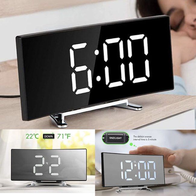Bedside Office Mirror Curved 7'' Screen LED Digital Clock