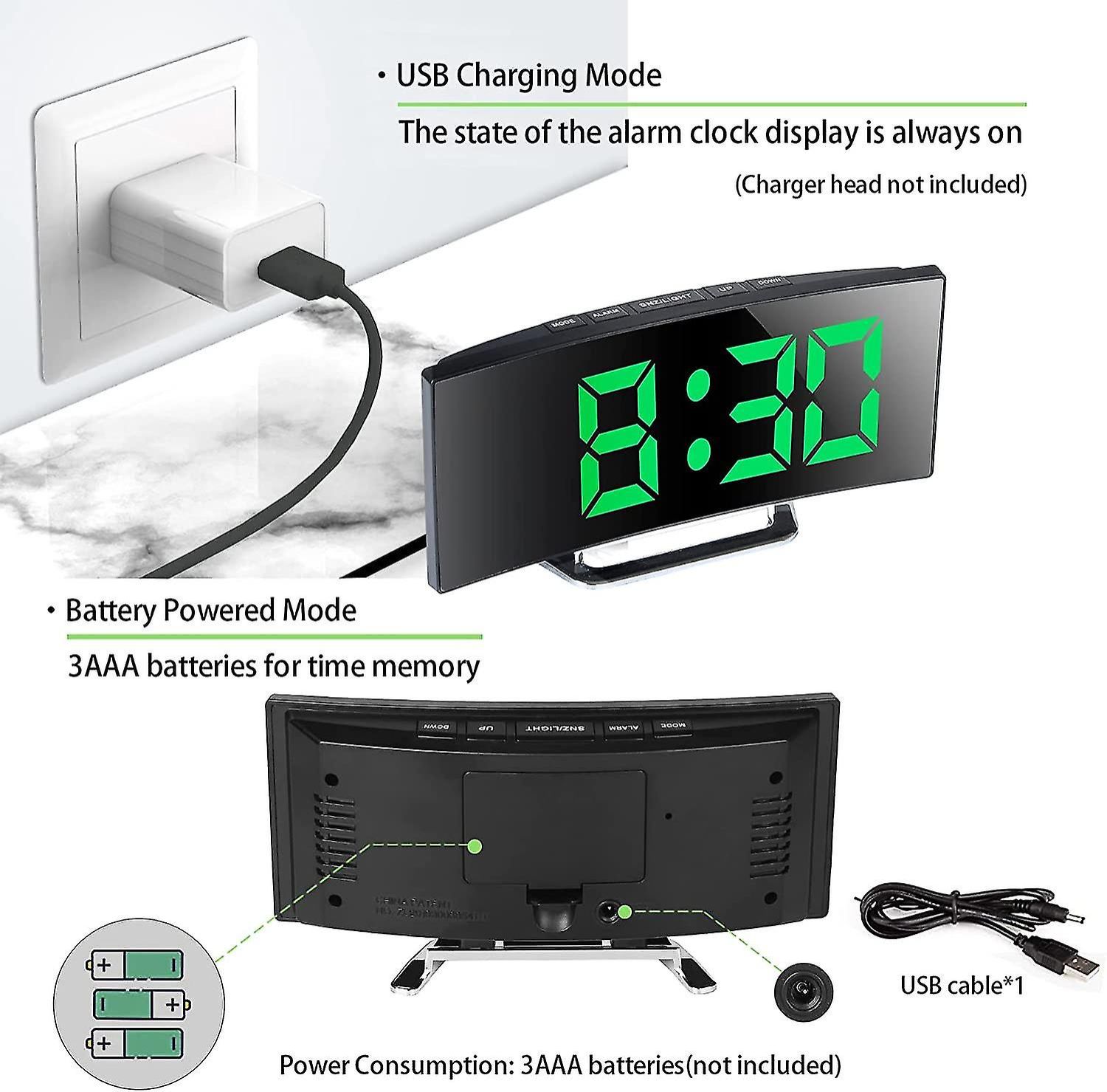 Bedside Office Mirror Curved 7'' Screen LED Digital Clock