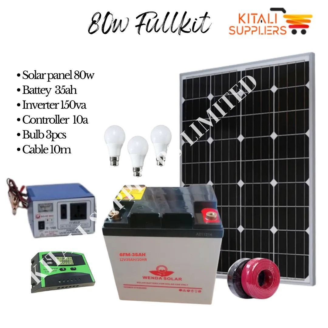 80W Solar Kit with 35Ah Battery, 150VA Inverter, 10A Controller, 3 Bulbs & 10m Cable