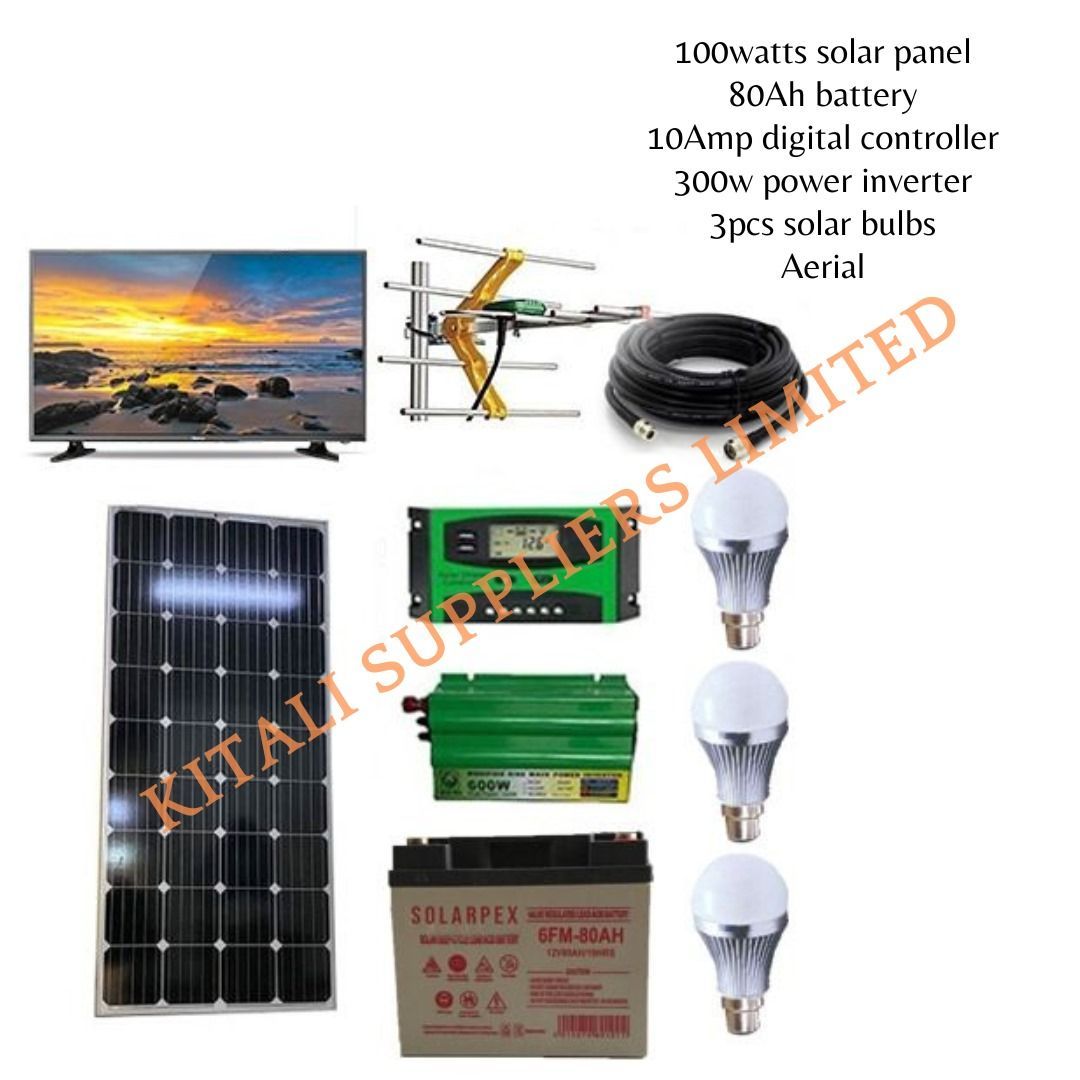 100W Solar Panel Kit with 80Ah Battery, 300W Inverter & 22" TV