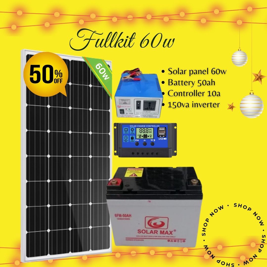 60W Solar Kit with 50Ah Battery, 150VA Inverter & 10A Controller