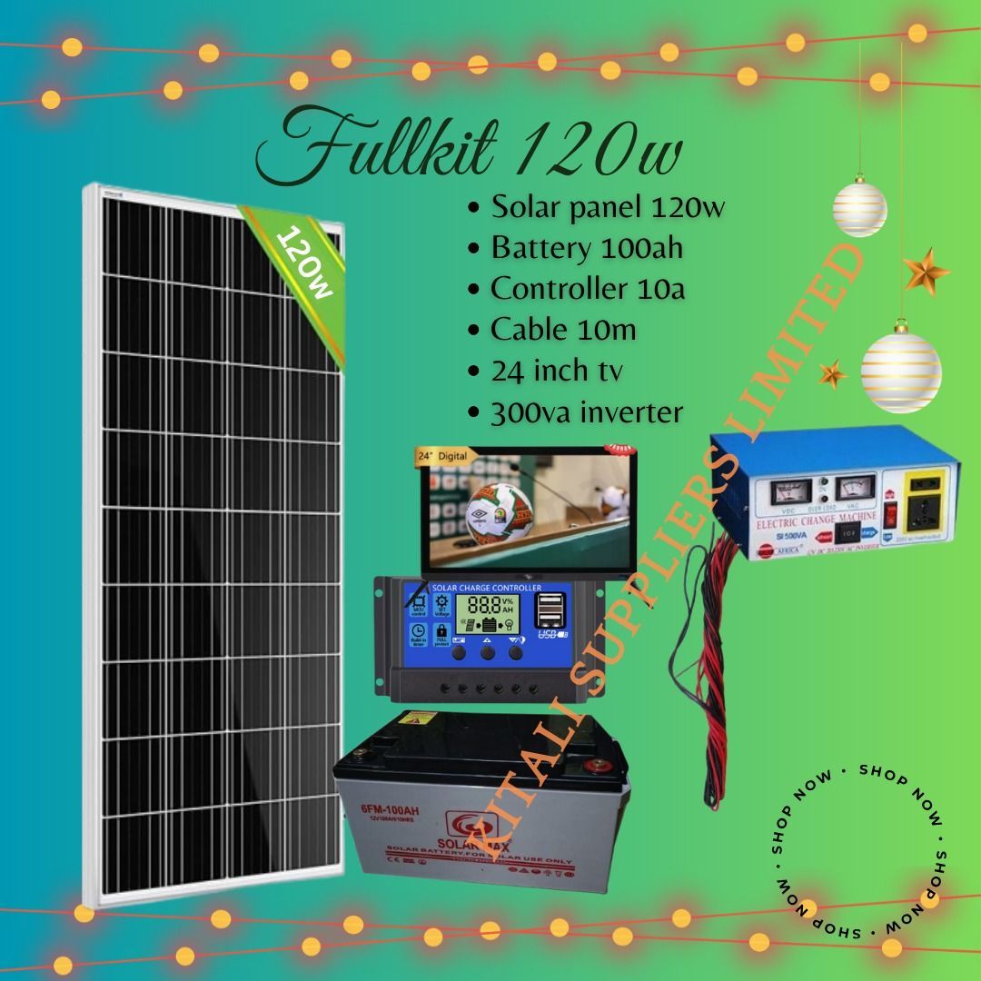 120W Solar Kit with 100Ah Battery, 300VA Inverter, 10A Controller, 10m Cable & 24-inch TV | Off-Grid Power System