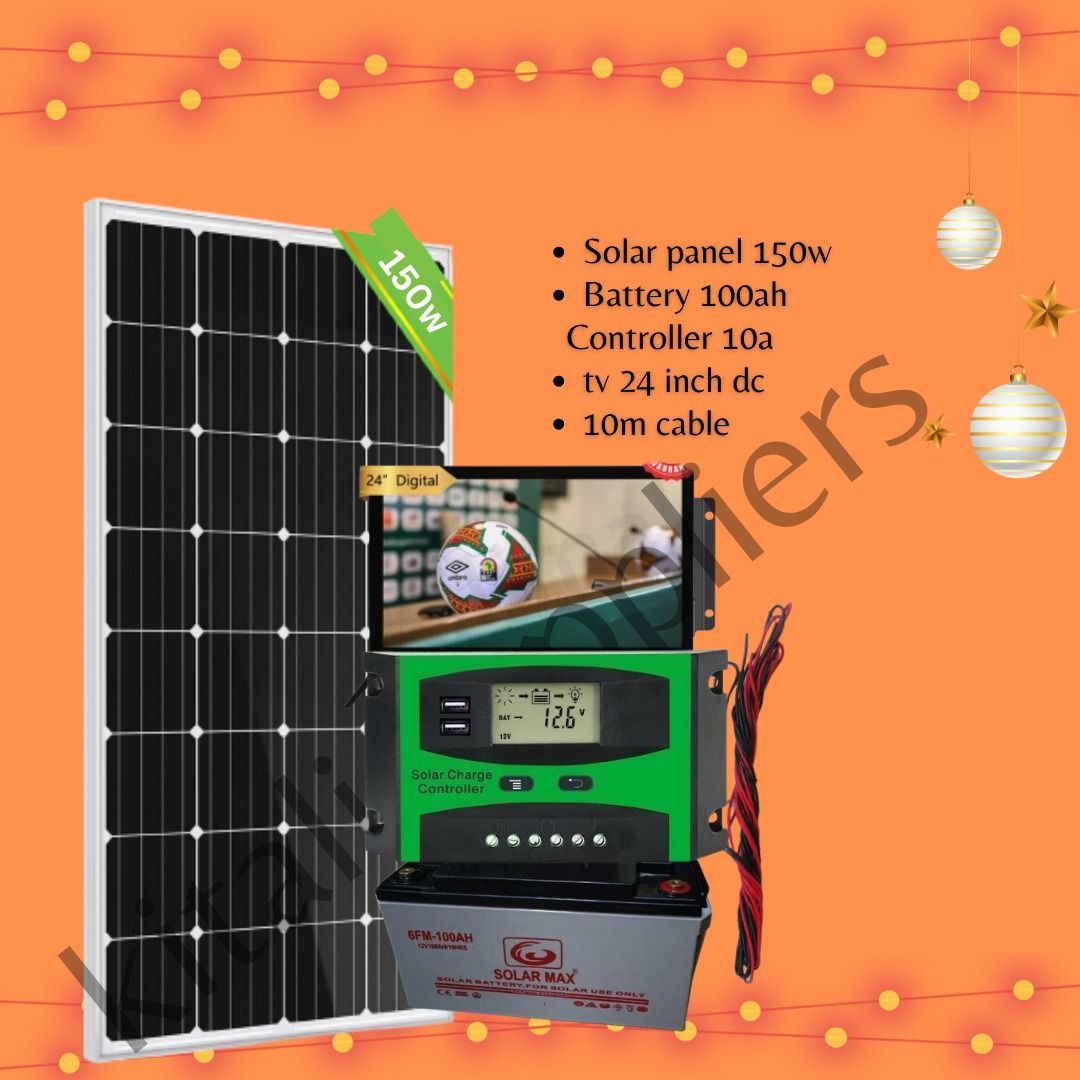 150W Solar Panel Kit with 100Ah Battery, 10A Controller, 10m Cable & 24-inch TV | Off-Grid Power Solution