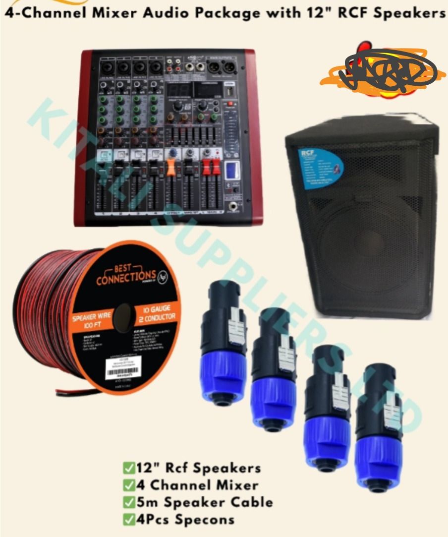 12'' RCF Speaker with 4-Channel Mixer, 5m Speaker Cable & 4 Speakon Connectors
