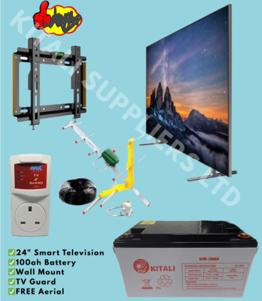 24'' Digital TV with 100Ah Battery, Wall Mount, TV Guard & Free Aerial