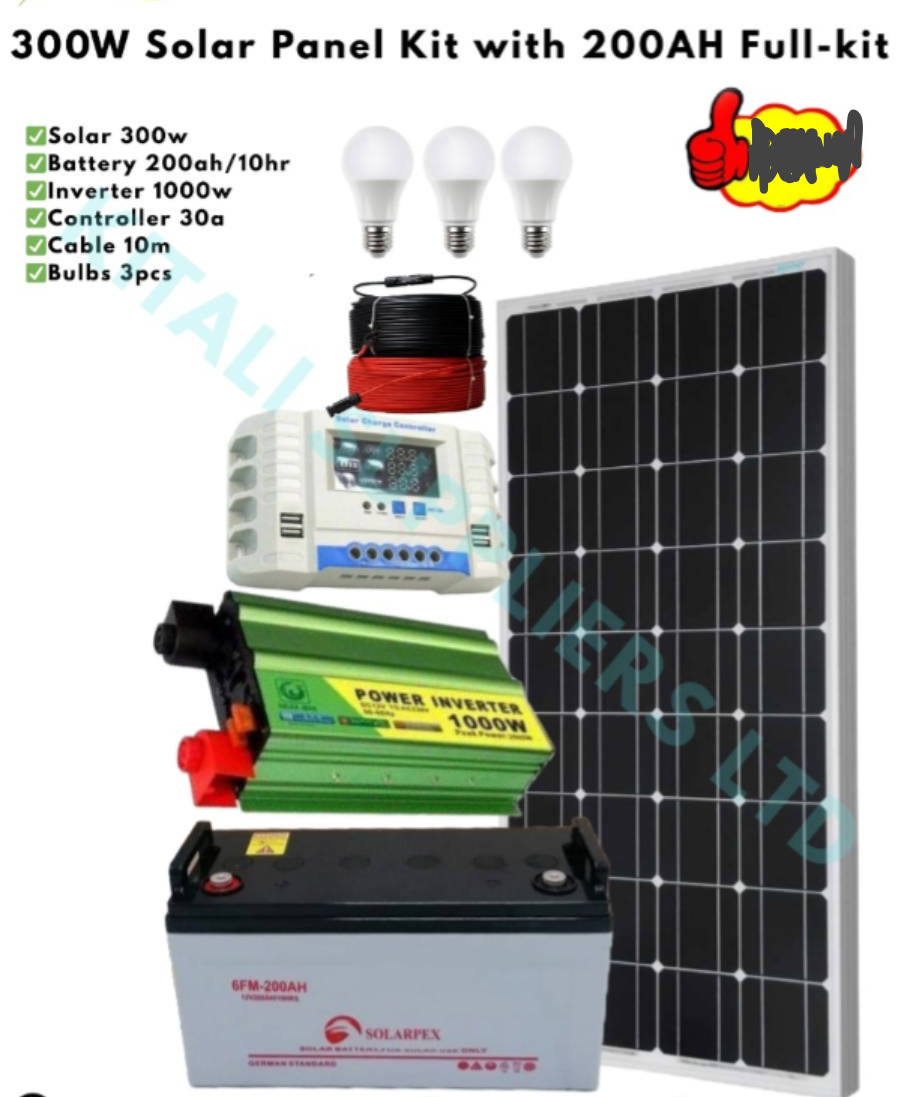 300W Solar Panel Kit with 200Ah Battery, 1000W Inverter, 30A Controller, Cables & 3 Bulbs