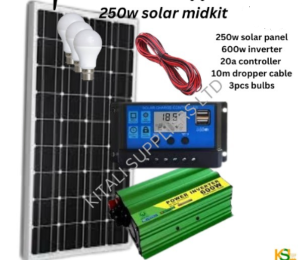 250W Solar Panel Kit with 600W Inverter, 20A Controller, 3 LED Bulbs & 10m Cable – Complete Solar Power Solution