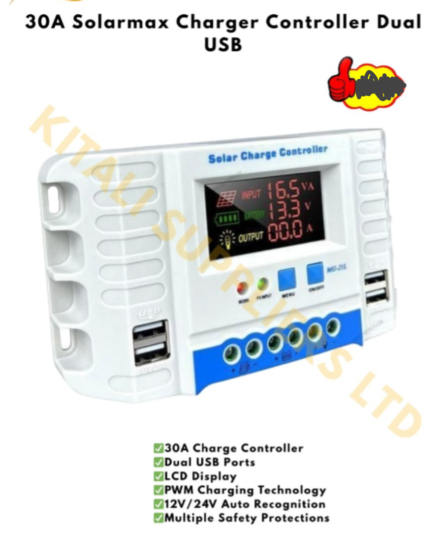 Solarmax 30A Digital Solar Charge Controller with Dual USB – High-Power Solar Regulator
