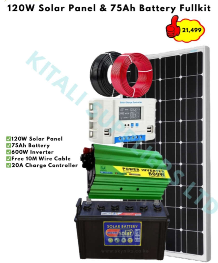 120W Solar Panel Kit with 75Ah Battery, 600W Inverter, 20A Controller & Free Cable