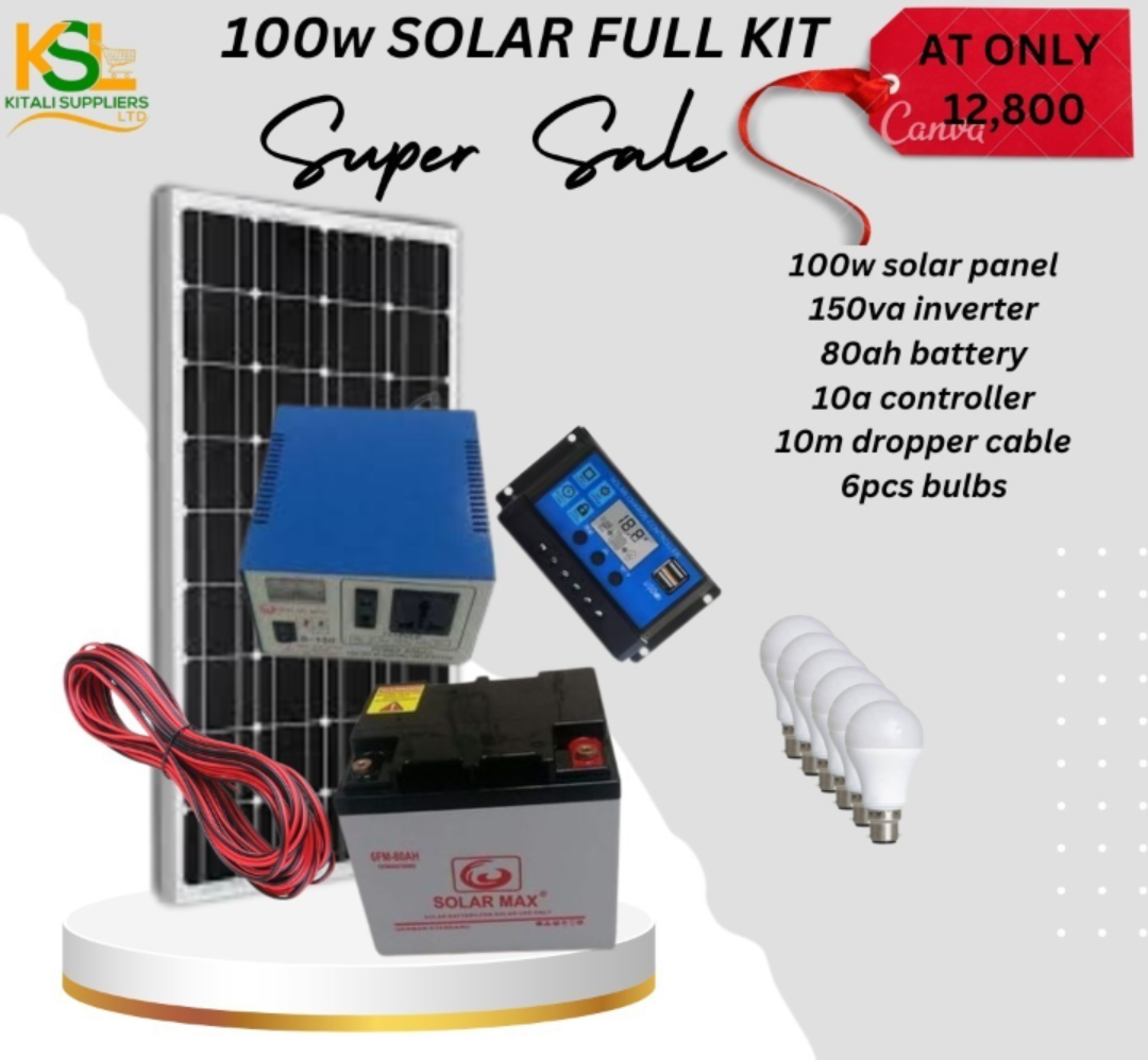 100W Solar Panel Kit with 80Ah Battery, 150VA Inverter, 10A Controller, 10m Cable & 6 LED Bulbs – Affordable Home Power Solution