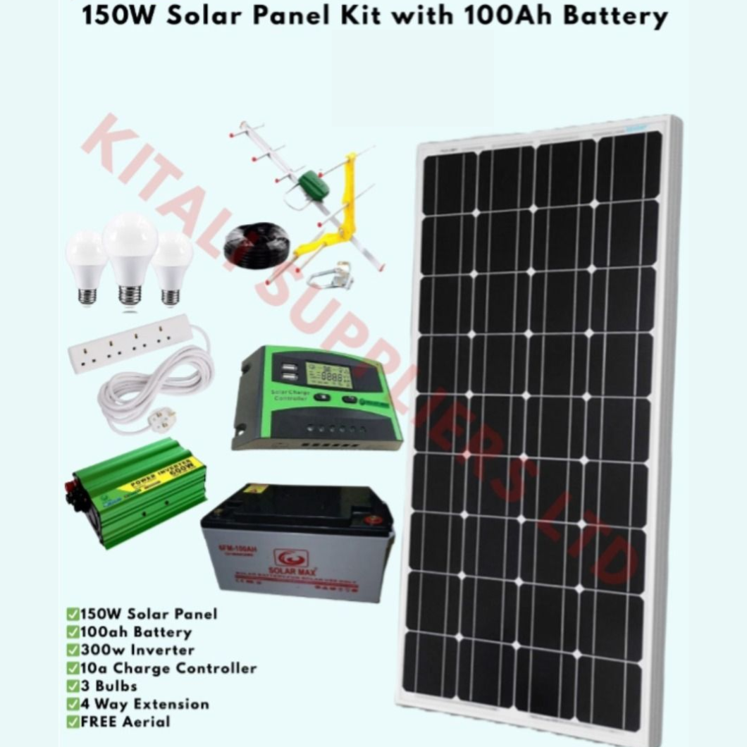150W Solar Panel Kit with 100Ah Battery, 300W Inverter, 10A Controller, Bulbs, Extension & Free Aerial