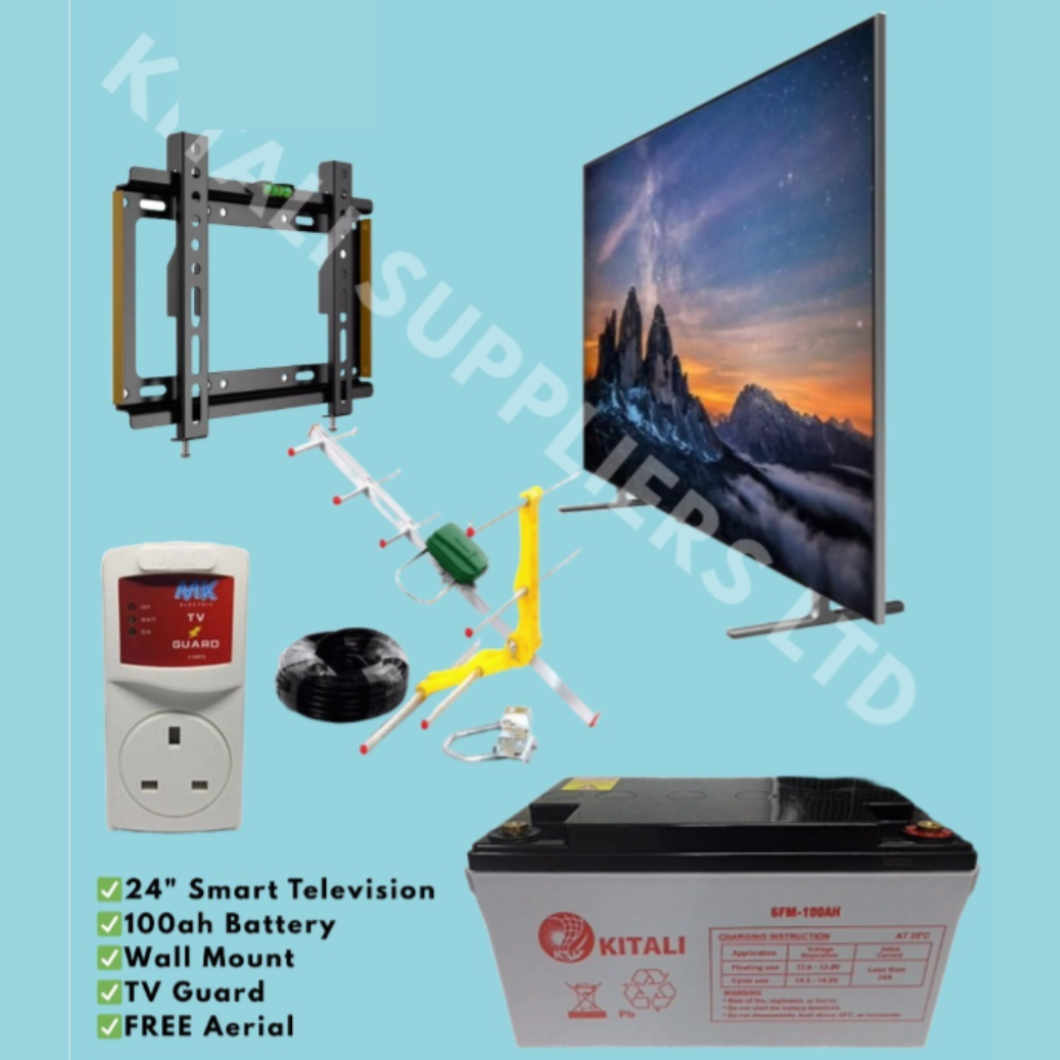 24'' Digital TV with 100Ah Battery, Wall Mount, TV Guard & Free Aerial