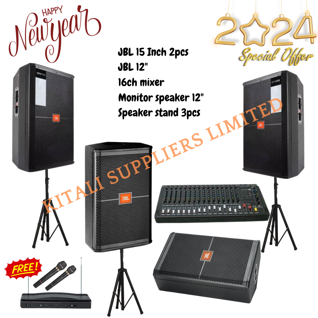 JBL 15" & 12" Speakers with 16-Channel Mixer, Monitor Speaker, Stands & Free Microphone