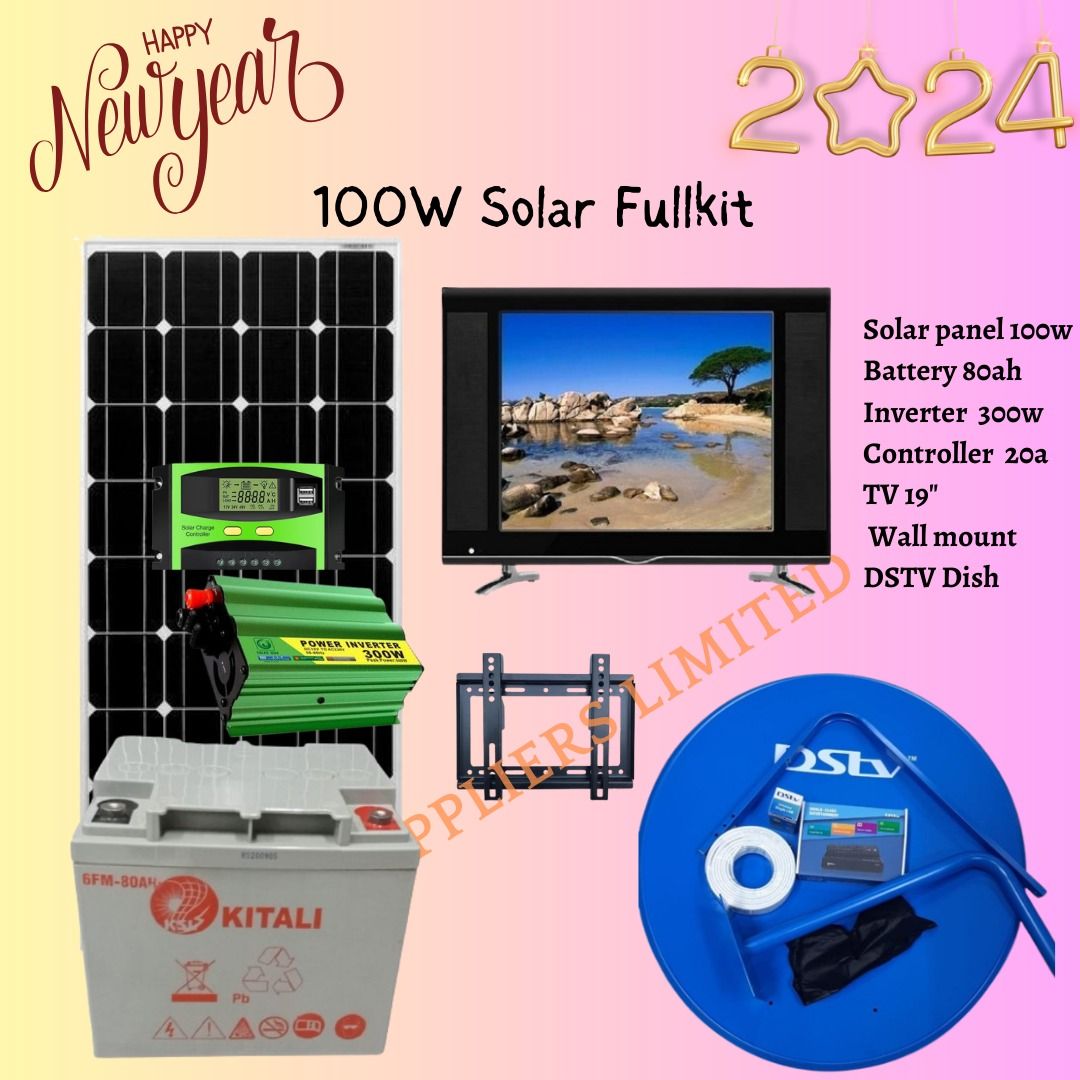 100W Solar Panel Kit with 80Ah Battery, 300W Inverter, 20A Controller, 19” TV, Wall Mount & DStv Dish