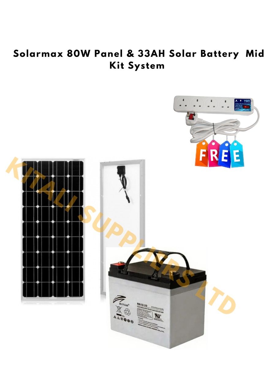80W Solar Panel with 33Ah Ritar Battery & 4-Way Extension – Complete Solar Power Kit