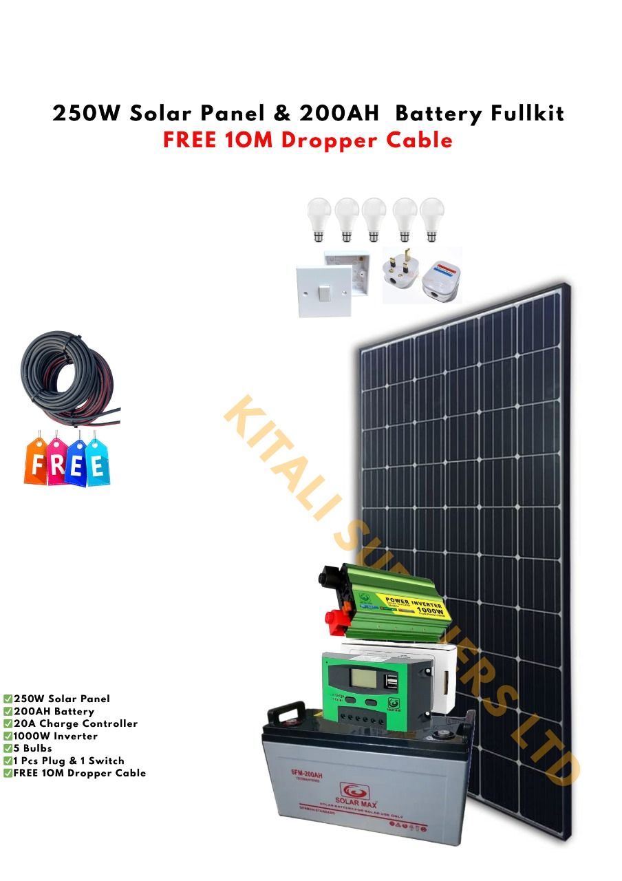 250W Solar Panel Kit with 200Ah Battery, 1000W Inverter & Free 10M Cable – Complete Off-Grid Solar Power System for Home, Office, or Outdoor Use.