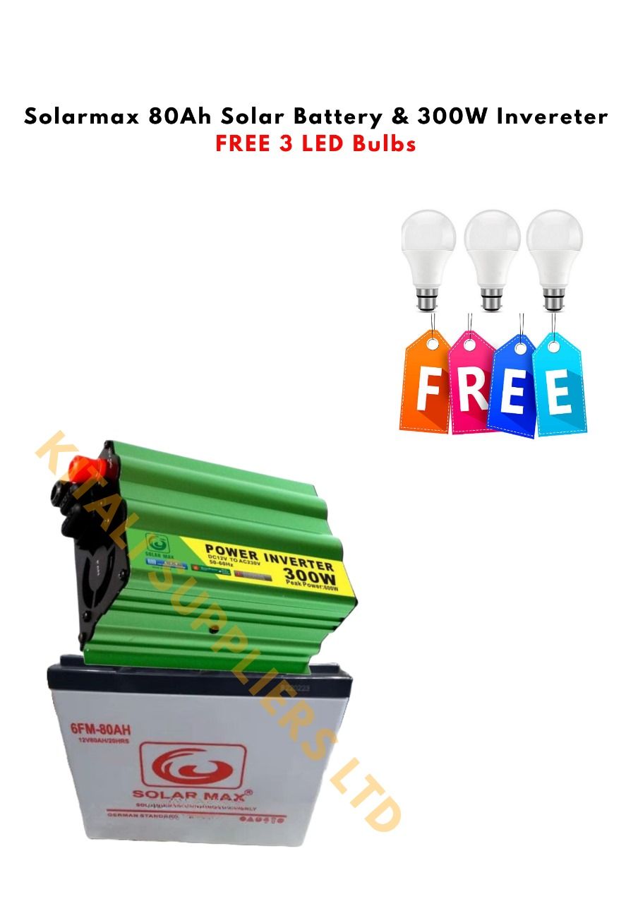 80Ah 12V Battery with 300W Inverter & 3 LED Bulbs – Compact Home Solar Power Kit for Lighting, Backup, and Off-Grid Energy Solutions.