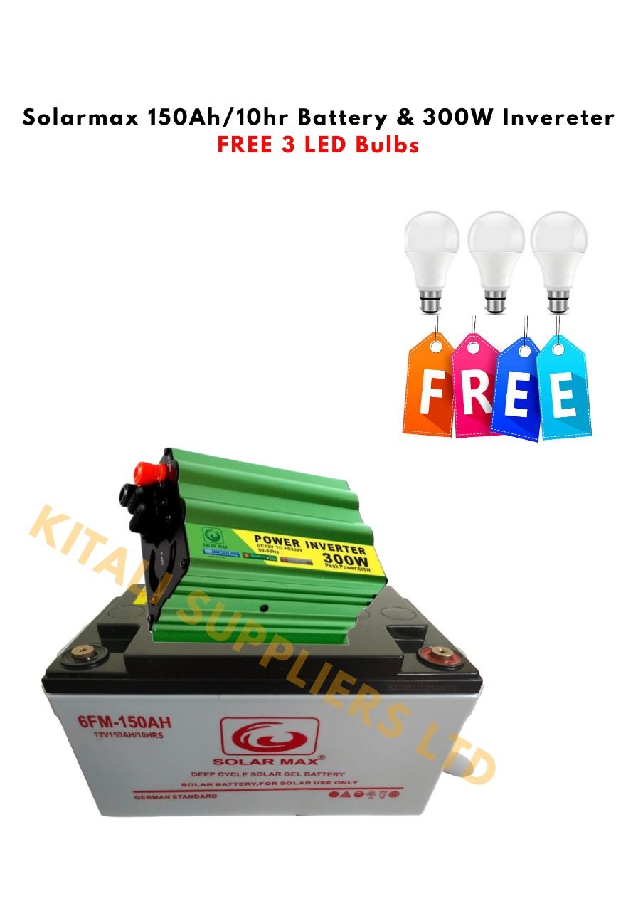 150Ah Deep Cycle Battery with 300W Inverter & 3 LED Bulbs – Complete Home Solar Power Kit for Lighting, Backup, and Off-Grid Use.
