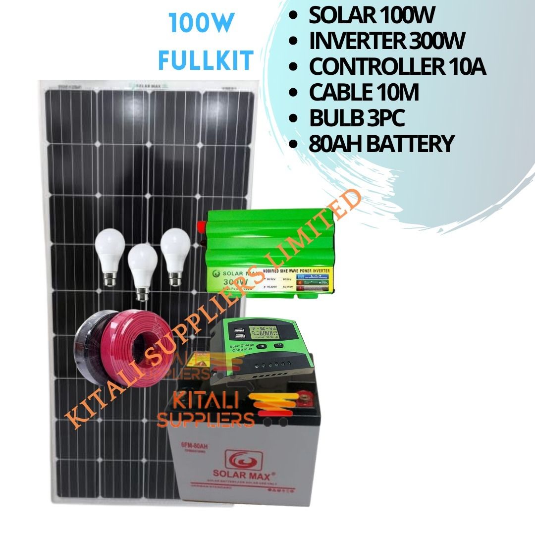 100W Solar Kit with 80Ah Battery, 300W Inverter, 10A Controller, 3 Bulbs & 10m Cable