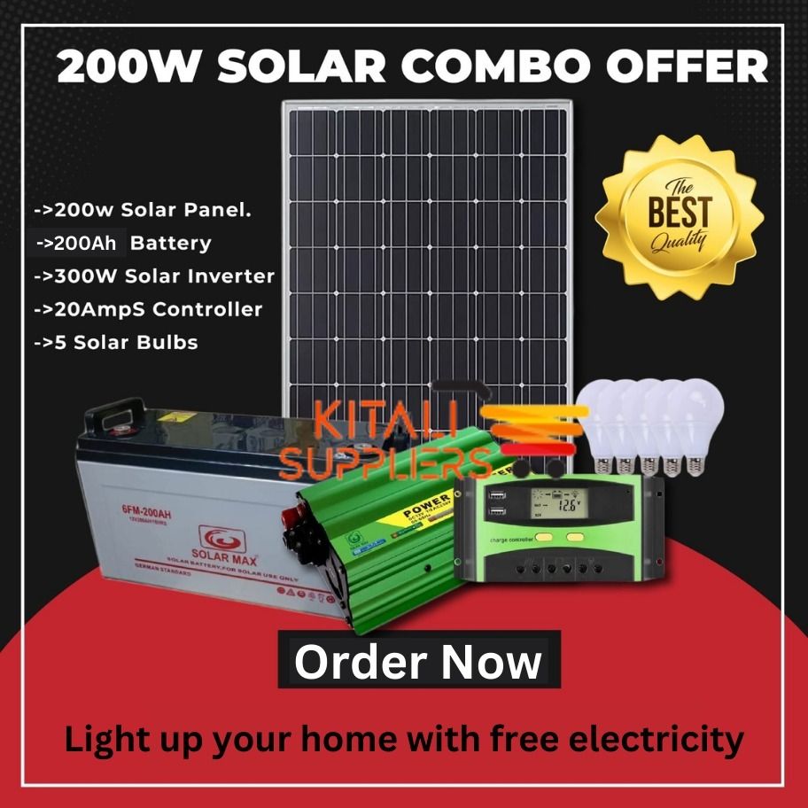 200W Solar Panel Kit with 200Ah Battery, 300W Inverter, 20A Controller & 5 LED Bulbs