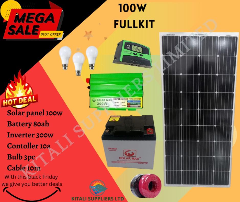100W Solar Panel Kit with 80Ah Battery, 300W Inverter, 10A Controller, 10m Cable & 3 Bulbs