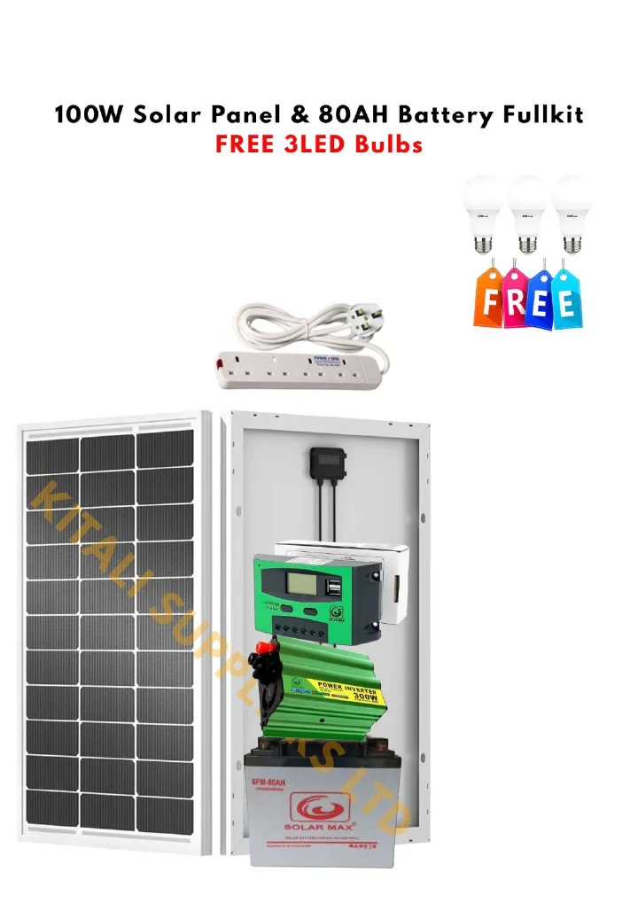 100W Solar Panel Kit with 300W Inverter, 80Ah Battery, Controller, Extension & Bulbs