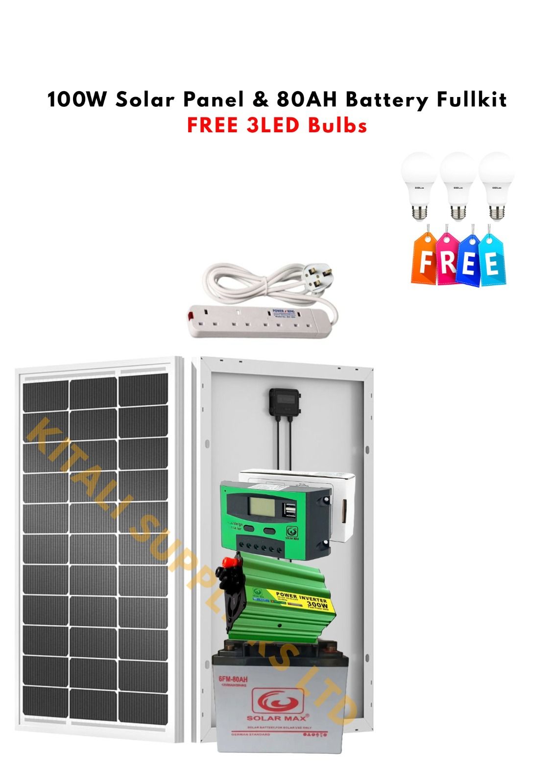 100W Solar Panel Kit with 300W Inverter, 80Ah Battery, Controller, Extension & Bulbs