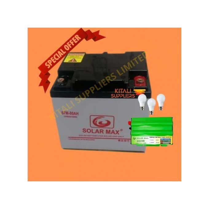 80Ah Battery with 300W Inverter & 3 LED Bulbs – Reliable Portable Backup Power Solution for Home, Outdoor Use, Emergency & Off-Grid Lighting.