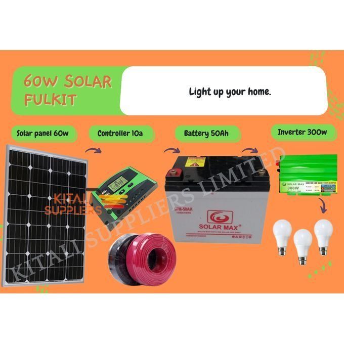 60W Solar Panel Kit with 50Ah Battery, 300W Inverter, 3 Bulbs, 10A Controller & Cable