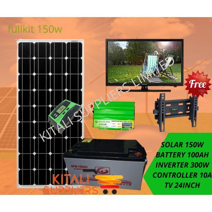 150W Solar Kit with 100Ah Battery, 300W Inverter, 24'' LED TV & Wall Bracket – Complete Off-Grid Power Solution for Homes, Cabins & RVs