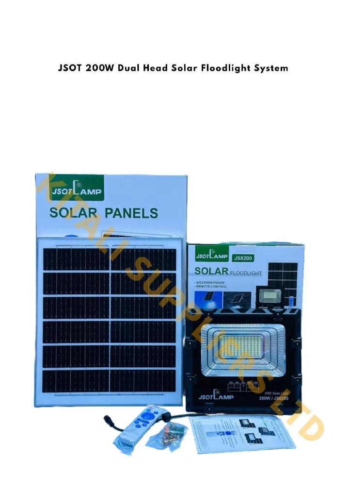 JSOT 200W Dual Head Solar Floodlight System – High-Brightness Outdoor Security Light with Motion Sensor, Remote Control & Adjustable LED Heads for Home, Garden & Driveway.