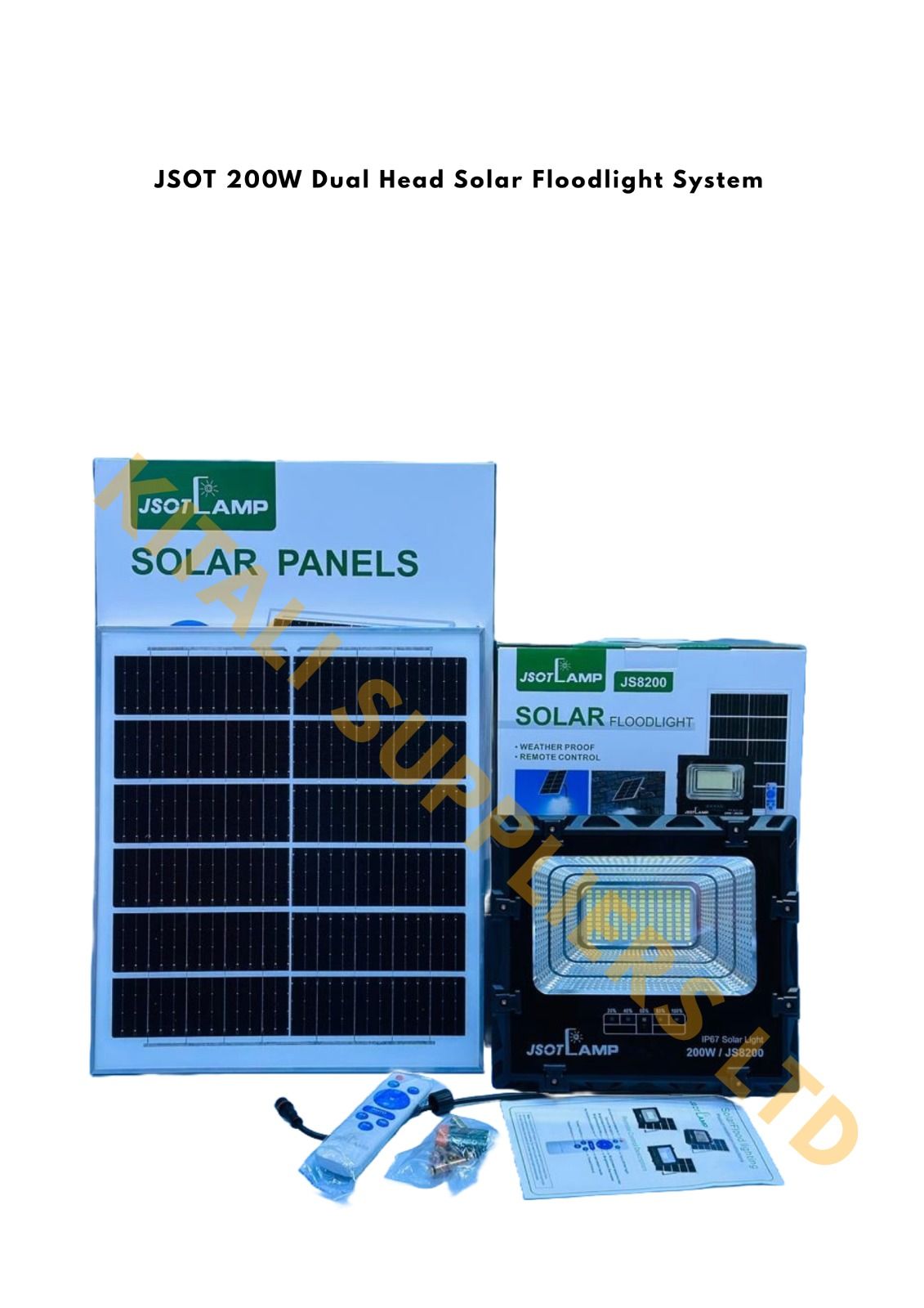 JSOT 200W Dual Head Solar Floodlight System – High-Brightness Outdoor Security Light with Motion Sensor, Remote Control & Adjustable LED Heads for Home, Garden & Driveway.