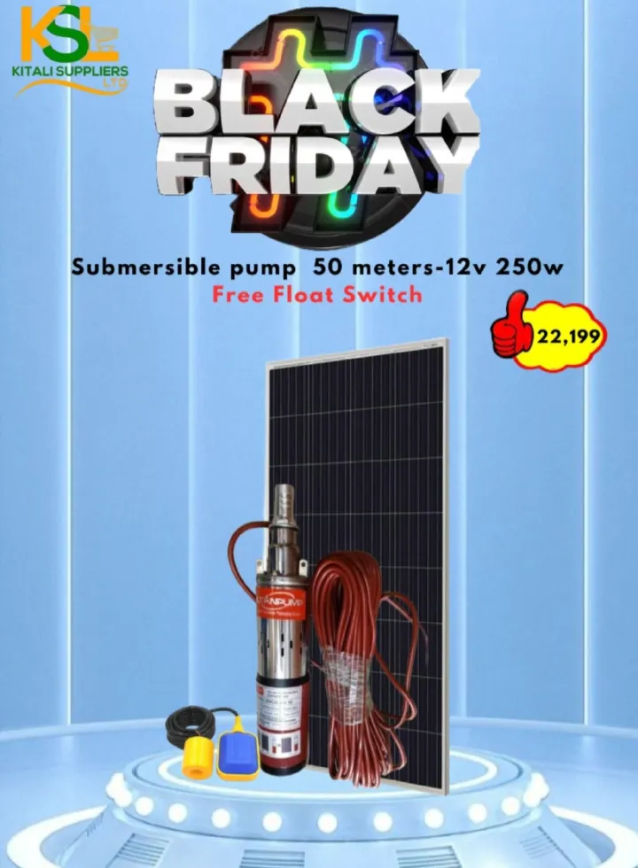 Complete 12V 250W Submersible Water Pump Kit – 50m Head Deep Well Pump with Free Float Switch & 250W Solar Panel for Off-Grid Borehole Irrigation and Water Supply.