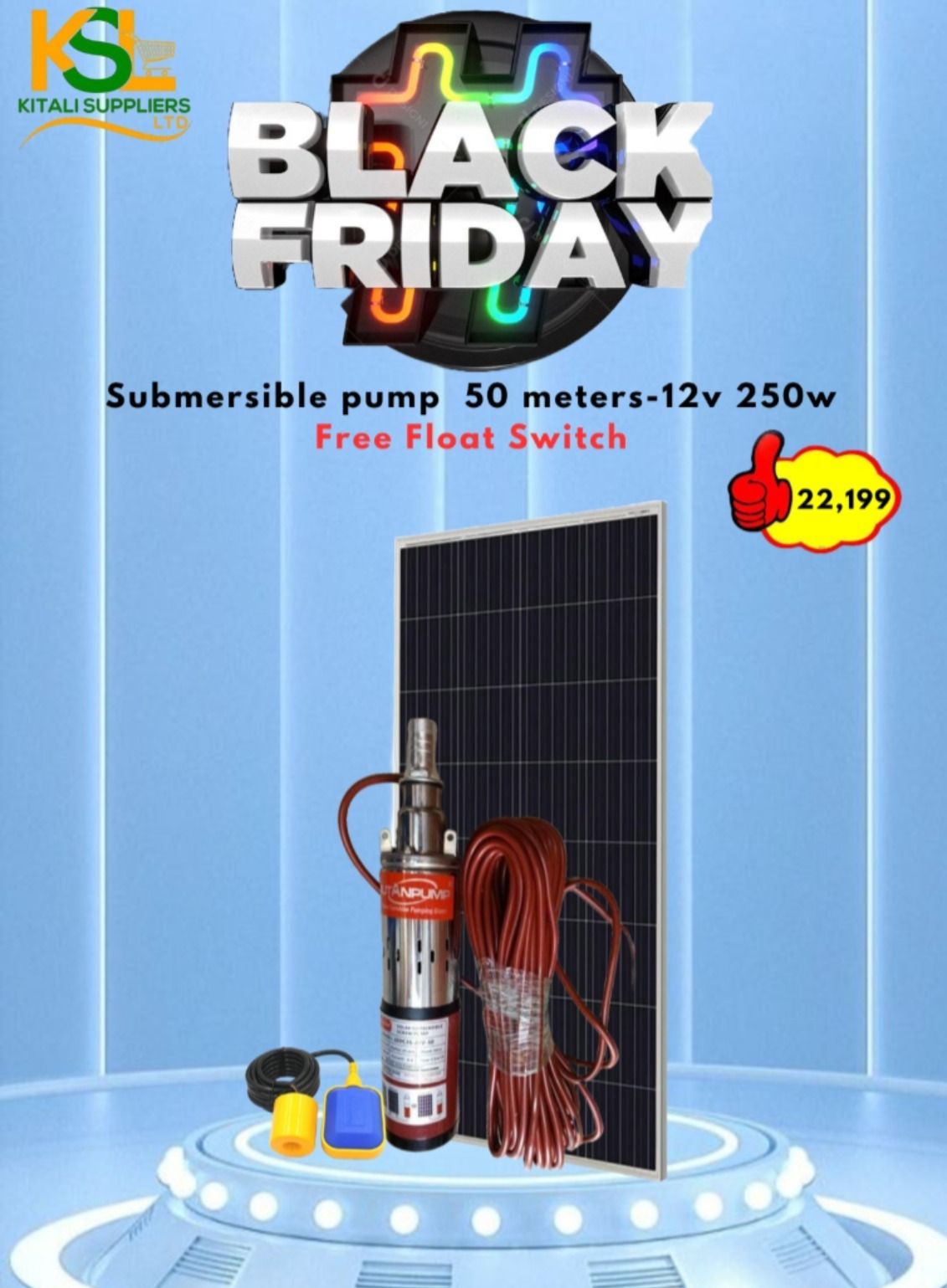 Complete 12V 250W Submersible Water Pump Kit – 50m Head Deep Well Pump with Free Float Switch & 250W Solar Panel for Off-Grid Borehole Irrigation and Water Supply.