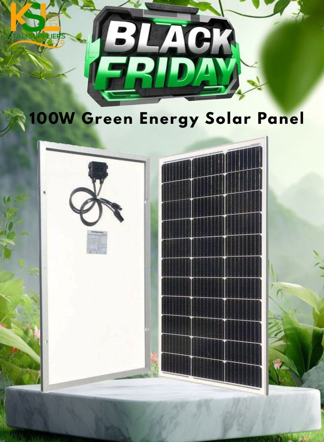 100W Green Energy Solar Panel – Sustainable, Eco-Friendly Power Solution for Home, RV, Camping, and Off-Grid Applications.