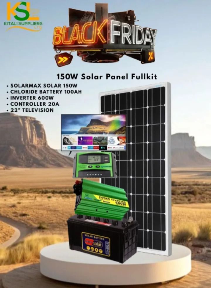 Complete SOLARMAX 150W Solar Kit with 100Ah Chloride Battery, 600W Inverter, 20A Charge Controller & 22" LED TV – Ideal for Off-Grid or Backup Use.