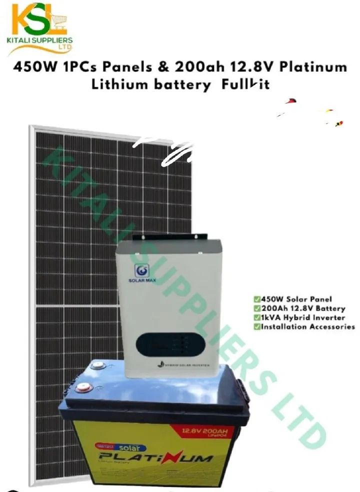 1KVA Hybrid Inverter Solar Kit with 12.8V Lithium Battery and 450W Solar Panel – Complete Off-Grid Power Solution with Efficient Renewable Energy Storage.