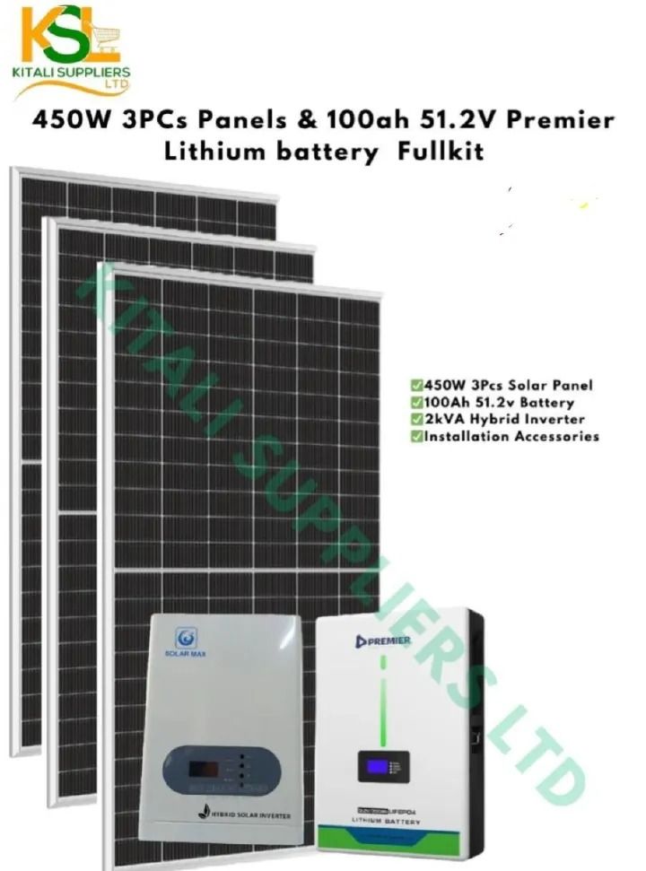 Complete 2kVA Hybrid Solar Inverter Kit with 5.12kW Lithium Battery, 3×450W Panels, Dropper & Looping Cables, and Changeover Switch – Reliable Off-Grid Clean Energy Solution.