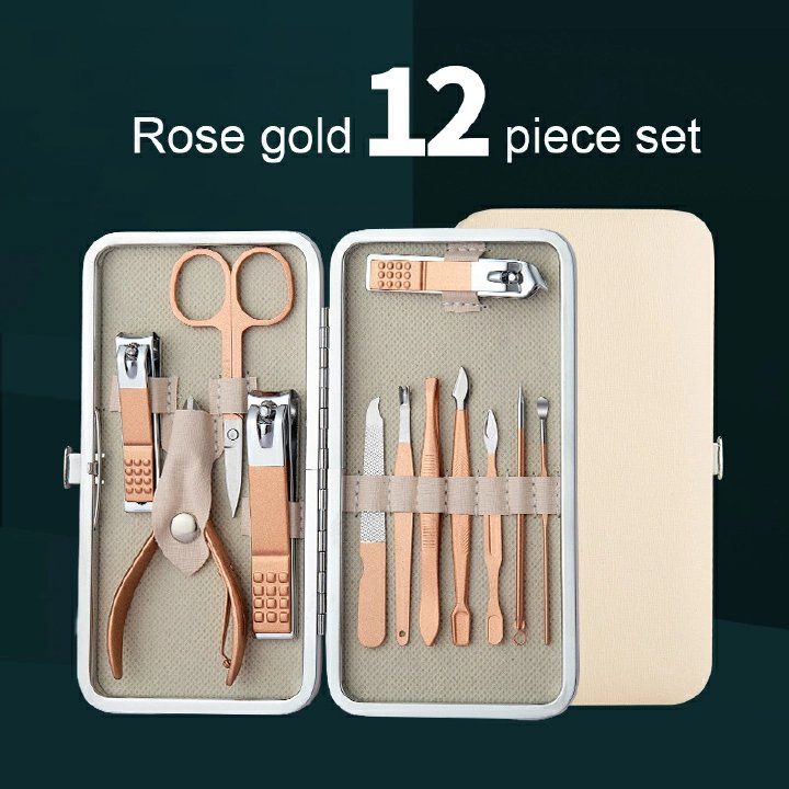 12-piece beauty set, finger care, nail clippers, cleanser, cuticle, pedicure, nail art, ear pick, peeling tool, small scissors, box, makeup set, manicure tool