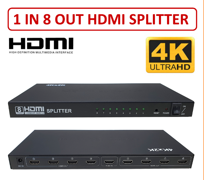 HDMI Splitter 1X8, 1 in 8 Out HDMI Port, Supports 3D 4Kx 2K Full HD 1080P, Compatible for TV, Monitor, LED, Projector
