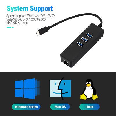 Type C HUB With Gigabit Ethernet Adapter, USB C to Ethernet Converter USB C 3.0 to RJ45 Network Adapter With 3 USB Ports