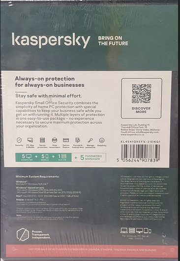 Kaspersky Small Office Security for Desktops, Mobiles and File Servers 5-Desktops 5-Mobile devices 5-Users 1 year