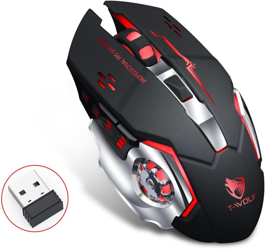 T-WOLF Q13 Rechargeable Wireless Gaming Mouse, Silent, Ergonomic, 6 Keys, RGB Backlight, 2400 DPI, for Gamer Pro Computers and Laptops